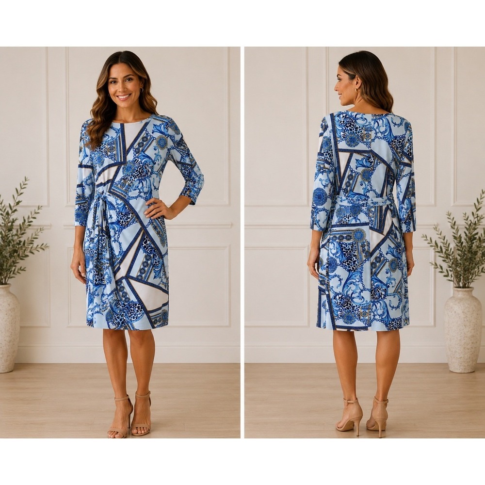Peter Nygard Womens Blue Baroque Leopard Faux Wrap Dress 3/4 Sleeve PL NEW